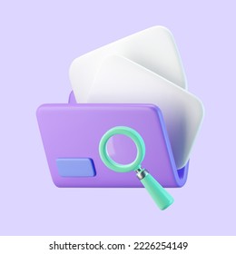 3d purple computer file folder icon with blank document and magnifying glass isolated on background. Render folder with paper for management file concept. 3d cartoon simple vector illustration