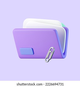 3d purple computer file folder icon with blank document and clip paper isolated on background. Render folder with paper for management file concept. 3d cartoon simple vector illustration