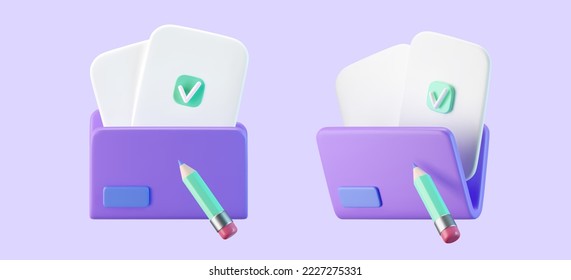 3d purple computer file folder icon with blank document and check, pencil isolated on background. Render folder with paper for management file concept. 3d cartoon simple vector illustration