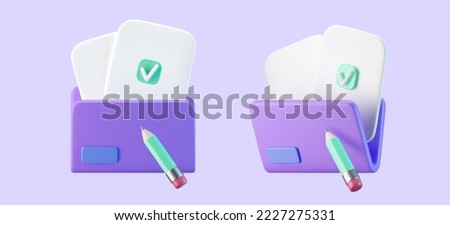 3d purple computer file folder icon with blank document and check, pencil isolated on background. Render folder with paper for management file concept. 3d cartoon simple vector illustration