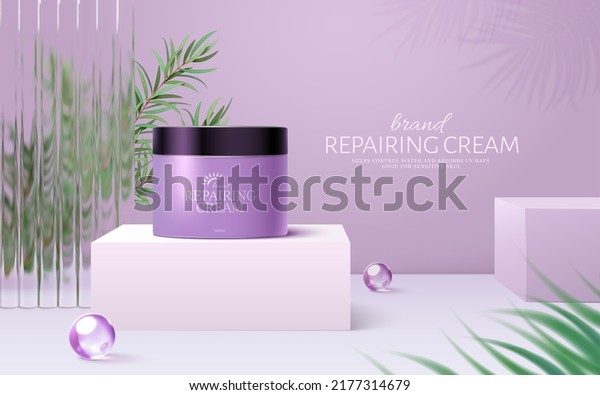 3d\
purple cosmetic ad banner, suitable for skin soothing and night\
skincare products. Plastic jar mock-up stands on white cube podium\
with ethereal tea tree leaves and glass divider\
wall.