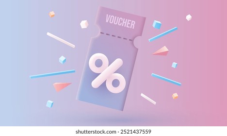 Cupón púrpura 3D. Sorteo especial con Cupones o cupón, porcentaje de descuento. Ilustración vectorial