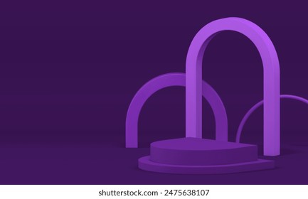 3d purple display podium with arch wall background realistic vector illustration. Violet minimalist aesthetic semi circle pedestal geometric shapes interior advertising showroom space for product show