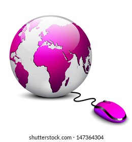 3d purple earth globe with pc mouse