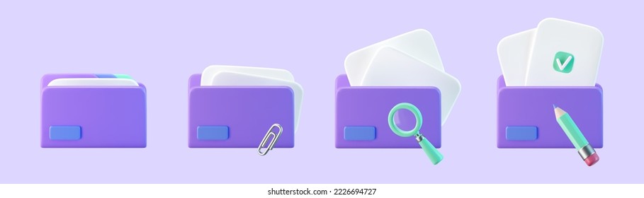 3d purple file folder icons with document and check, pencil, clip, magnifying glass isolated on background. Render folder with paper for management file concept. 3d cartoon simple vector illustration