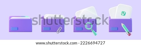3d purple file folder icons with document and check, pencil, clip, magnifying glass isolated on background. Render folder with paper for management file concept. 3d cartoon simple vector illustration