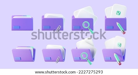 3d purple file folder icons with document and check, pencil, clip, magnifying glass isolated on background. Render folder with paper for management file concept. 3d cartoon simple vector illustration