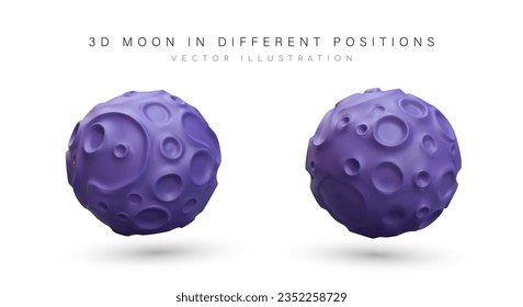 3D purple full moon with craters. Celestial body, satellite of Earth. Dead planet. Textured vector image. View from different sides. Color icons for web design