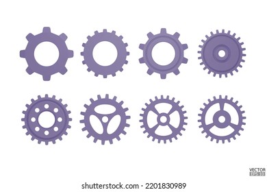 3D purple Gear icon set. Transmission cogwheels and gears are isolated on white background. Purple Machine gear, setting symbol, Repair, and optimize workflow concept. 3d vector illustration.