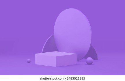 3d purple geometric display podium mock up render banner for promo realistic vector illustration. Minimalist violet squared pedestal with round semi circle and sphere shapes wall background showcase