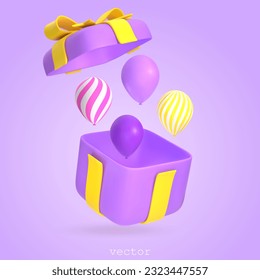 3d Purple Gift Box With Air Balloons. Open Present Box With Yellow Ribbon and Bow. Surprise, Birthday Party, Anniversary. Vector Render Illustration In Plasticine Cartoon Style.