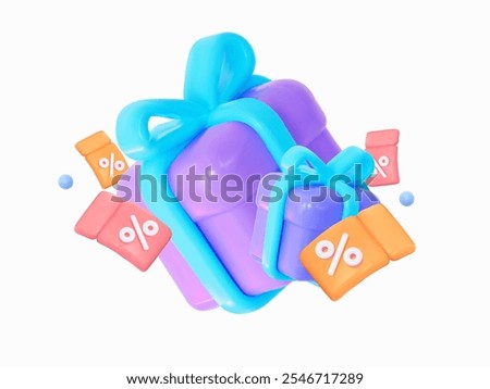 3D purple gift box with blue ribbons, flying coupons and percent signs. For holiday purchases promotions and discounts. Vector illustration.