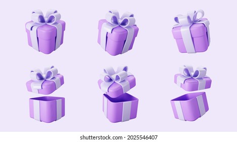 3d Purple Gift Box Open And Closed Set With Pastel Ribbon Bow Isolated On A Light Background. 3d Render Flying Modern Holiday Surprise Box. Realistic Vector Icon For Birthday Or Wedding Banners