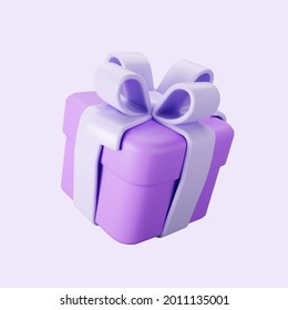 3d purple gift box with pastel ribbon bow isolated on a light background. 3d render flying modern holiday surprise box. Realistic vector icon for present, birthday or wedding banners