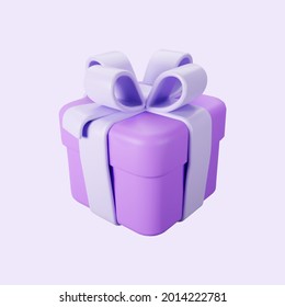 3d purple gift box with pastel ribbon bow isolated on a light background. 3d render flying modern holiday surprise box. Realistic vector icon for present, birthday or wedding banners