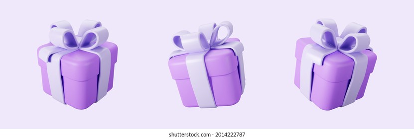 3d purple gift box set with pastel ribbon bow isolated on a light background. 3d render flying modern holiday surprise box. Realistic vector icon for present, birthday or wedding banners