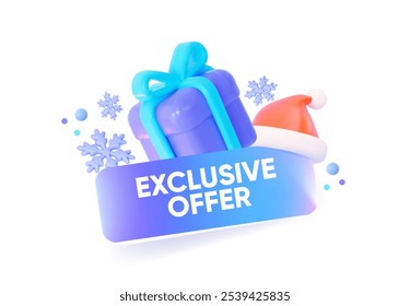 Caixa de presente roxo 3D com flocos de neve e um chapéu de Papai Noel. Um banner de férias brilhante com o texto "OFERTA EXCLUSIVA" para vendas de inverno e promoções festivas. Adequado para publicidade em mídias sociais, sites,