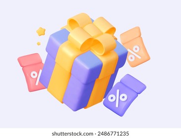 3D purple gift box with yellow bow. With flying coupons. It can be used for sales, marketing and advertising. 3d vector rendering illustration.