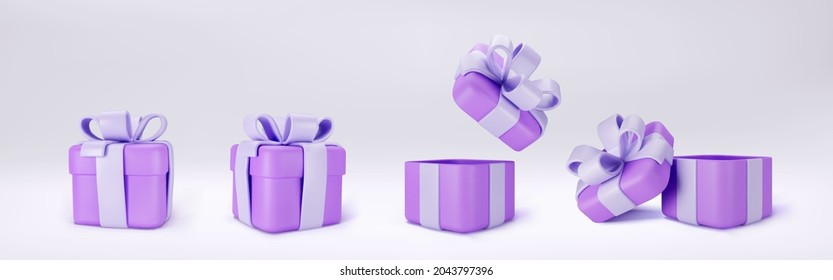 3d purple gift boxes open and closed standing on the floor with pastel ribbon bow isolated on a light background. 3d render modern holiday surprise box. Realistic vector icons