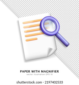 3d purple glossy magnifying glass and white paper sheet with orange text. Cartoon note with curled corner and shiny magnifier (loupe, zoom tool, reading lens) with transparent glass. Research concept