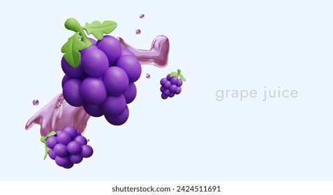 3D purple grapes, splashes of juice. Commercial background with place for promotional text