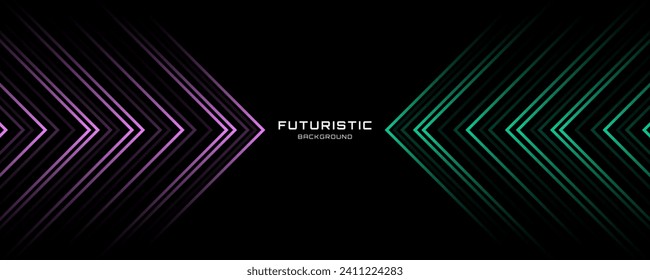 3D purple green techno geometric background on dark space with lines motion decoration. Arrow shapes with stripes style. Modern graphic design element concept for banner, flyer, card or brochure cover