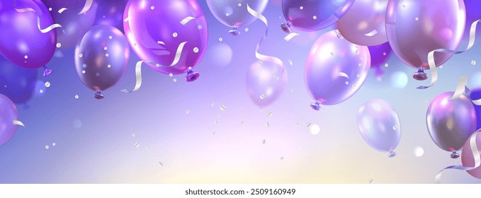 3d purple Happy Birthday party balloon background with greeting confetti. Abstract luxury anniversary banner with violet ballon decoration. Realistic surprise baloon for celebration invitation