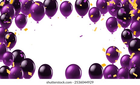 3d roxo feliz aniversário festa balão fundo com confete saudação. Banner de aniversário de luxo abstrato com decoração de balão violeta. Fundo branco realista transparente