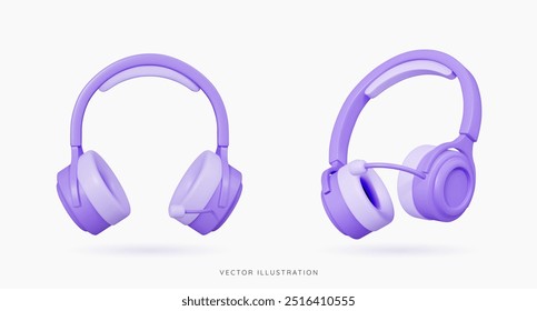 Ícone de fones de ouvido roxos 3D definido. Fones de ouvido modernos para áudio e jogos. Call center ou chatbot. Fones de ouvido com microfone. Objetos de design realistas de desenhos animados. Ilustração do vetor 3D