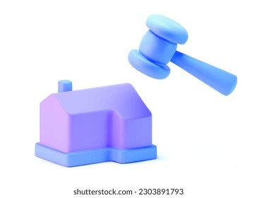 3d purple house with judge gavel icon isolated on light background. Render concept of real estate auction, real estate arbitrage law and house auction. 3d cartoon simple vector illustration