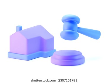 3d purple house with judge gavel icon isolated on light background. Render concept of real estate auction, real estate arbitrage law and house auction. 3d cartoon simple vector illustration