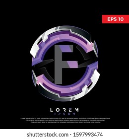 3d purple initial letter f circle chrome logo. modern icon, template design