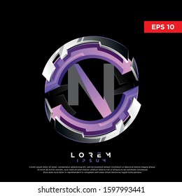 3d purple initial letter n circle chrome logo. modern icon, template design