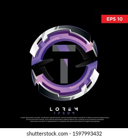 3d purple initial letter t circle chrome logo. modern icon, template design