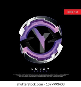 3d purple initial letter y circle chrome logo. modern icon, template design