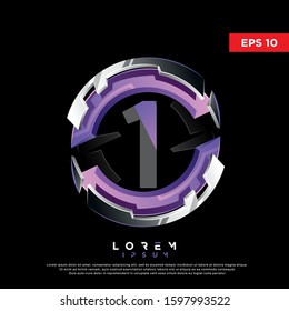 3d purple initial number 1 circle chrome logo. modern icon, template design