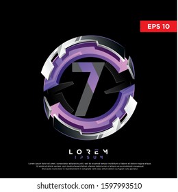 3d purple initial number 7 circle chrome logo. modern icon, template design