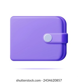 3D Purple Leather Wallet Isolated. Render Purse Icon with Clasp. Modern Finance Accessory for Money Cash and Bank Card. Storing and Carrying Banknotes and Coins. Vector Illustration