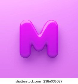 3D Purple letter M with a glossy surface on a purple background .