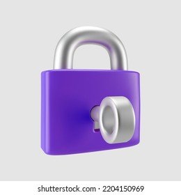 3d purple locked padlock icon with key isolated on gray background. Render minimal closed padlock with a keyhole. Confidentiality and security concept. 3d cartoon simple vector illustration
