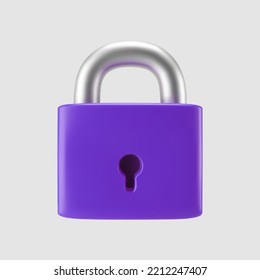 3d purple locked padlock icon isolated on gray background. Render minimal closed padlock with a keyhole. Confidentiality and security concept. 3d cartoon simple vector illustration