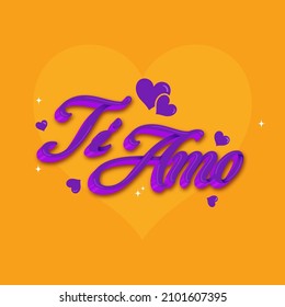 3D Purple LOVE YOU (Te Amo) Font Written In Spanish Language With Hearts On Blue Background.