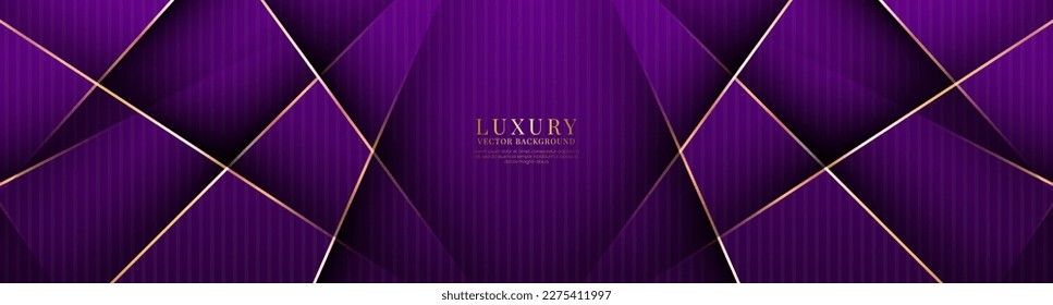 3D purple luxury abstract background overlap layers on dark space with golden lines decoration. Graphic design element cutout style concept for banner, flyer, card, brochure cover, or landing page