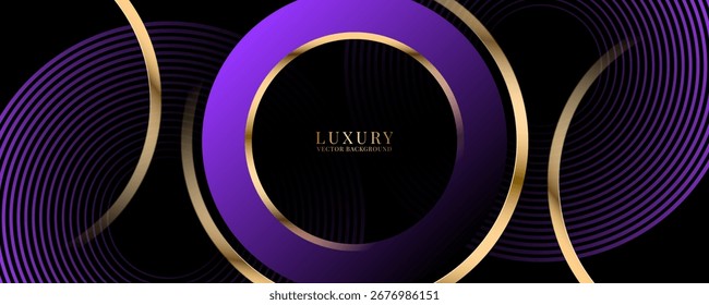 Capa de superposición de fondo abstracto de lujo púrpura 3D en el espacio oscuro con decoración de efecto de líneas de círculo dorado. Concepto moderno del estilo del recorte del elemento del Diseño gráfico para el Web, el volante, la tarjeta, o la cubierta del folleto