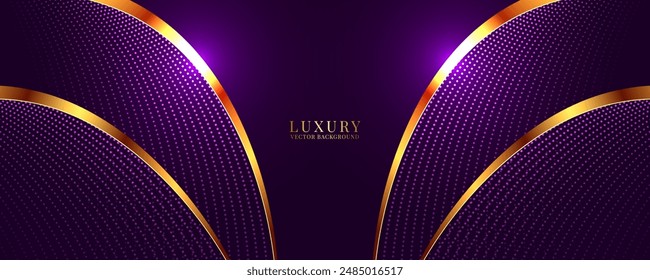 3D purple luxury background on dark space with dotted lines shape effect decoration. Modern graphic design element with golden lines waves style concept for web banner, flyer, card, or brochure cover