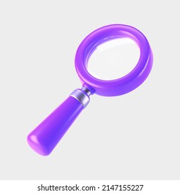 3d purple magnifying glass icon isolated on gray background. Render minimal transparent loupe search icon for finding, reading, research, analysis information. 3d cartoon realistic vector