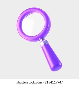 3d purple magnifying glass icon isolated on gray background. Render minimal transparent loupe search icon for finding, reading, research, analysis information. 3d cartoon realistic vector