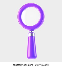 3d purple magnifying glass icon isolated on gray background. Render minimal transparent loupe search icon for finding, reading, research, analysis information. 3d cartoon realistic vector