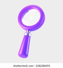 3d purple magnifying glass icon isolated on gray background. Render minimal transparent loupe search icon for finding, reading, research, analysis information. 3d cartoon realistic vector
