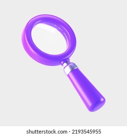 3d purple magnifying glass icon isolated on gray background. Render minimal transparent loupe search icon for finding, reading, research, analysis information. 3d cartoon realistic vector